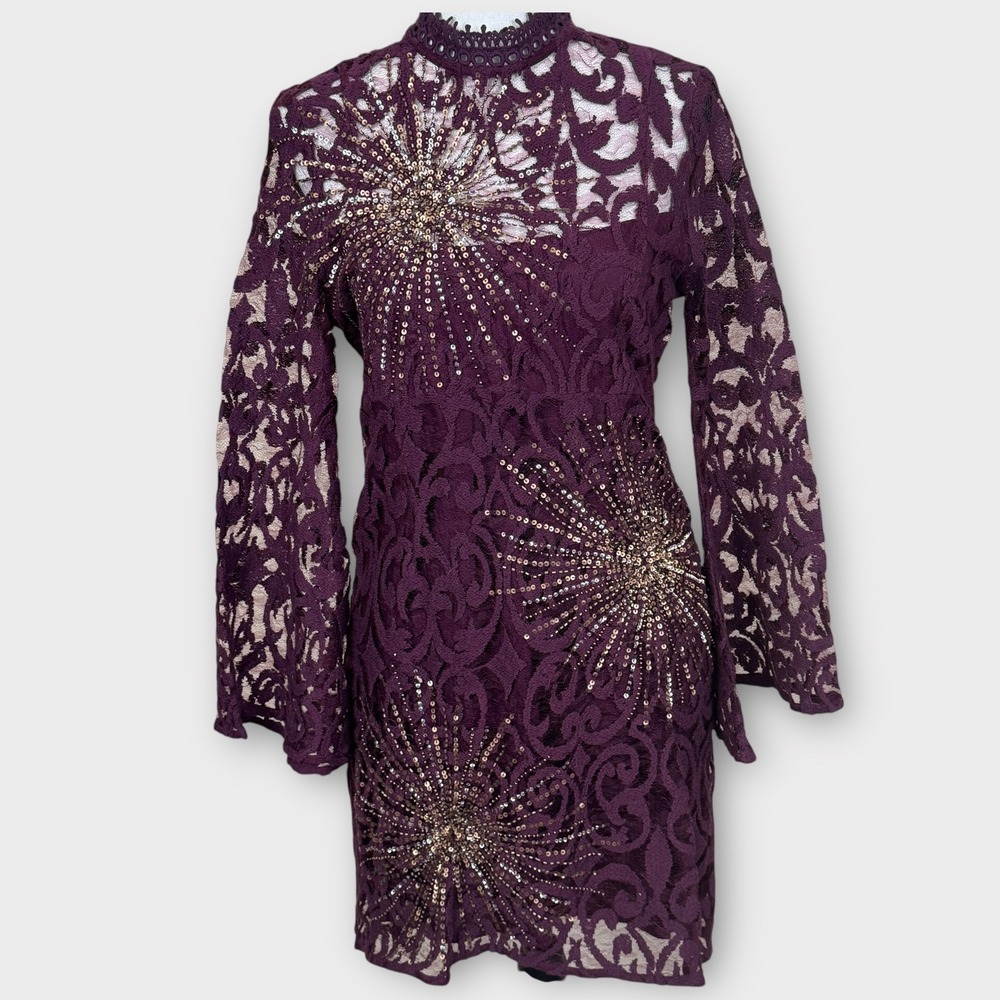 Free People North Star‎ Bell Sleeve Sequined Lace Plum Mini Dress Women's 4